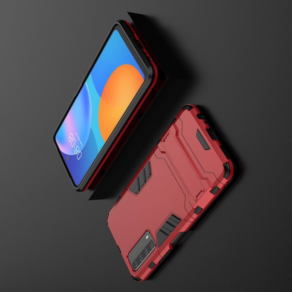 Защитный усиленный гибридный чехол противоударный с подставкой для Huawei P Smart 2021 Красный