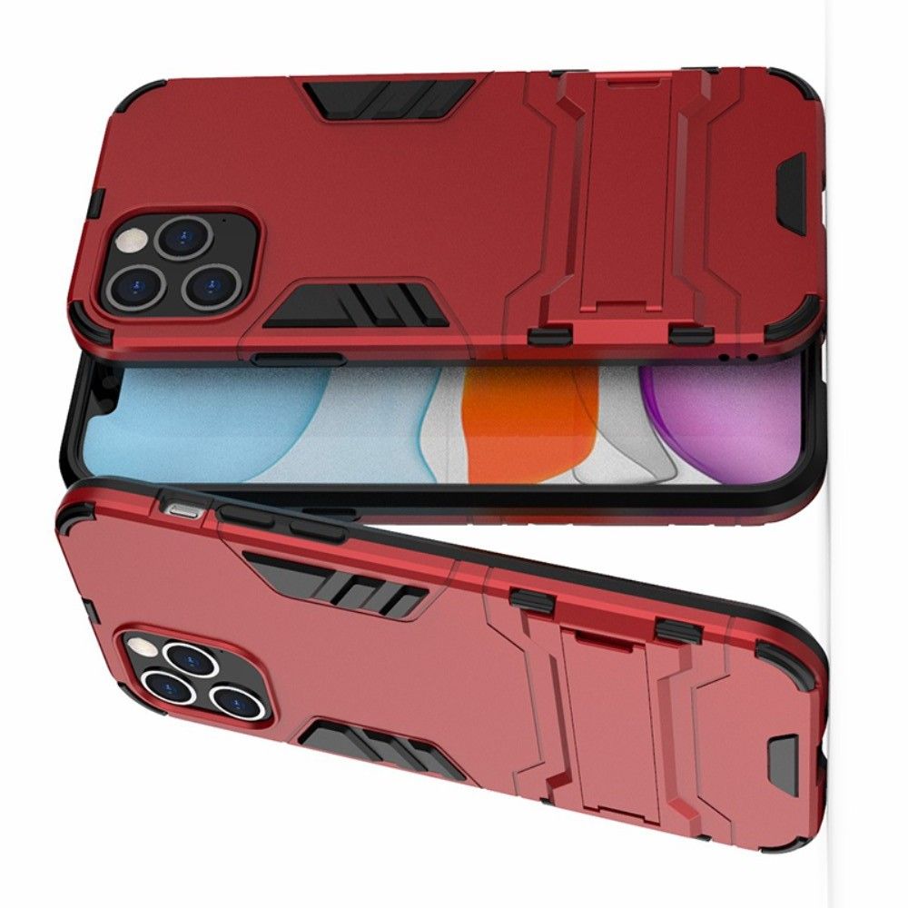 Защитный усиленный гибридный чехол противоударный с подставкой для iPhone 12 / 12 Pro Красный