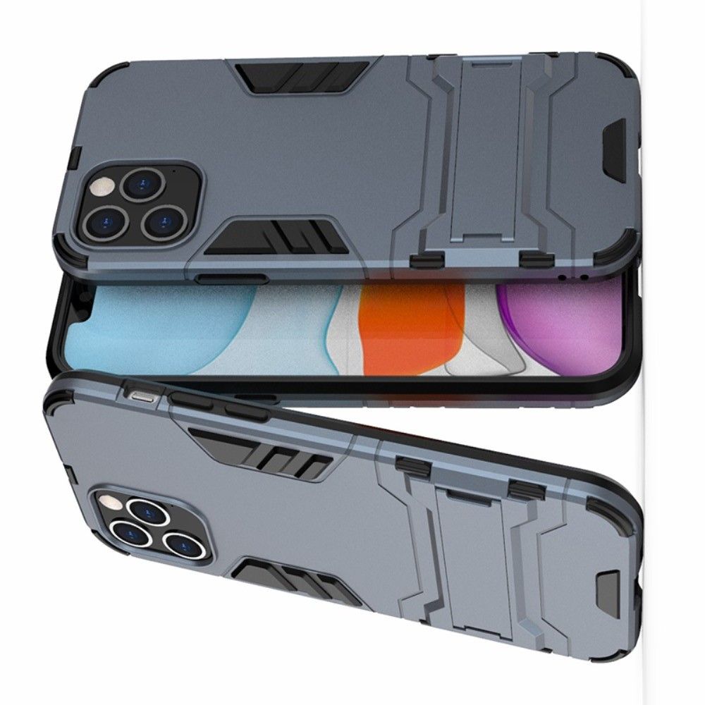 Защитный усиленный гибридный чехол противоударный с подставкой для iPhone 12 / 12 Pro Синий