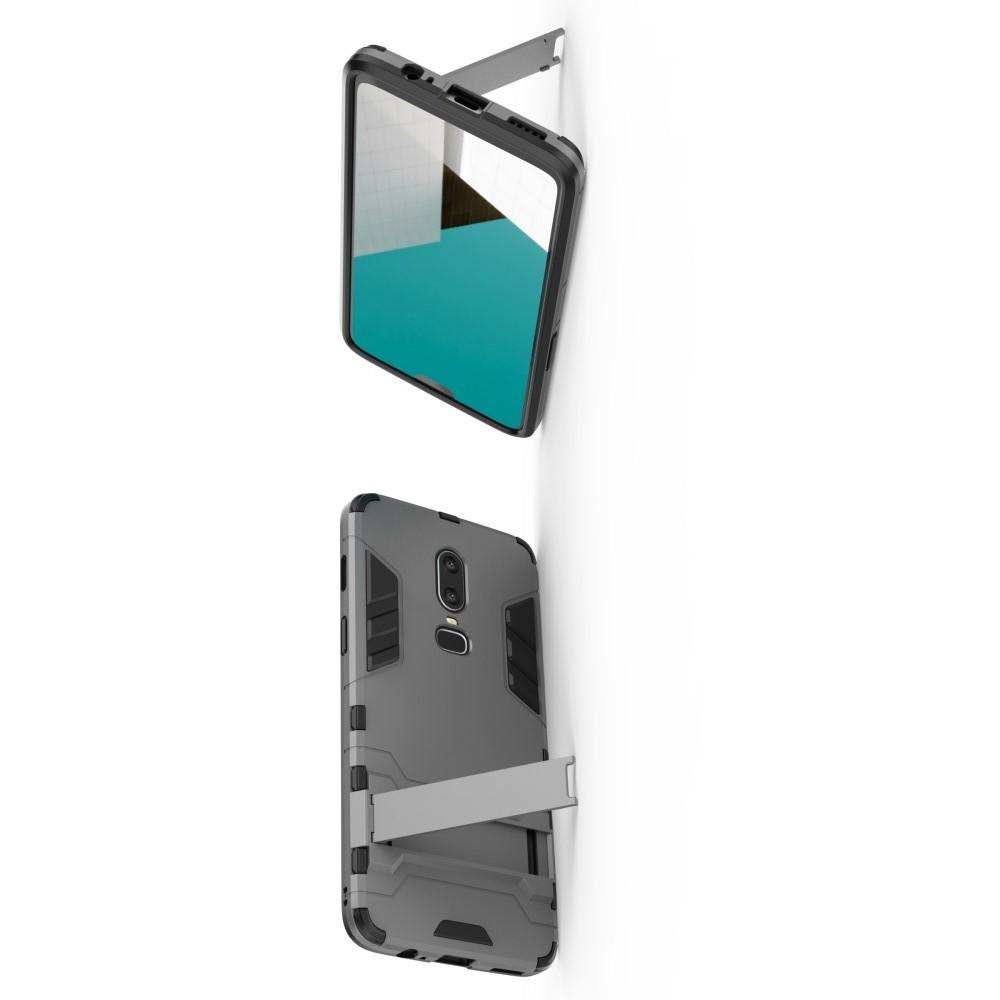 Защитный усиленный гибридный чехол противоударный с подставкой для OnePlus 6 Серый
