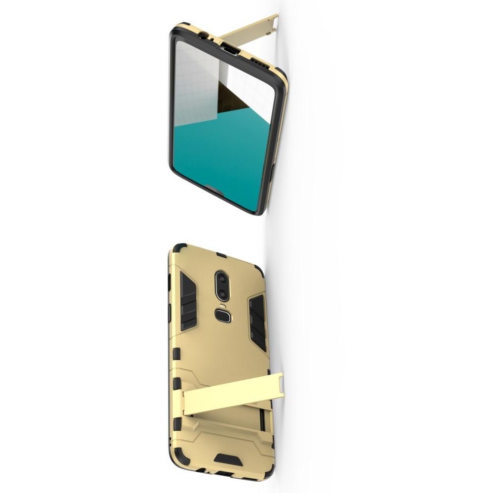 Защитный усиленный гибридный чехол противоударный с подставкой для OnePlus 6 Золотой