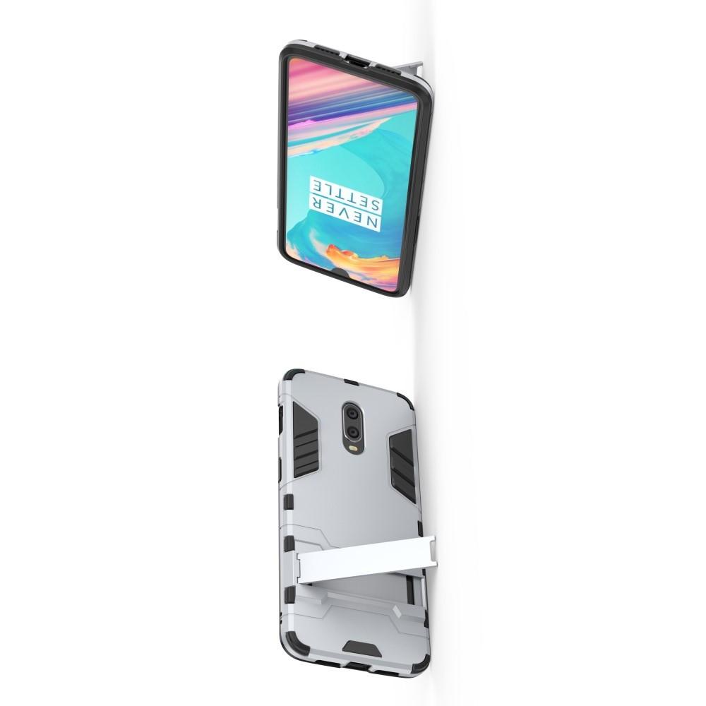 Защитный усиленный гибридный чехол противоударный с подставкой для OnePlus 7 Серебряный