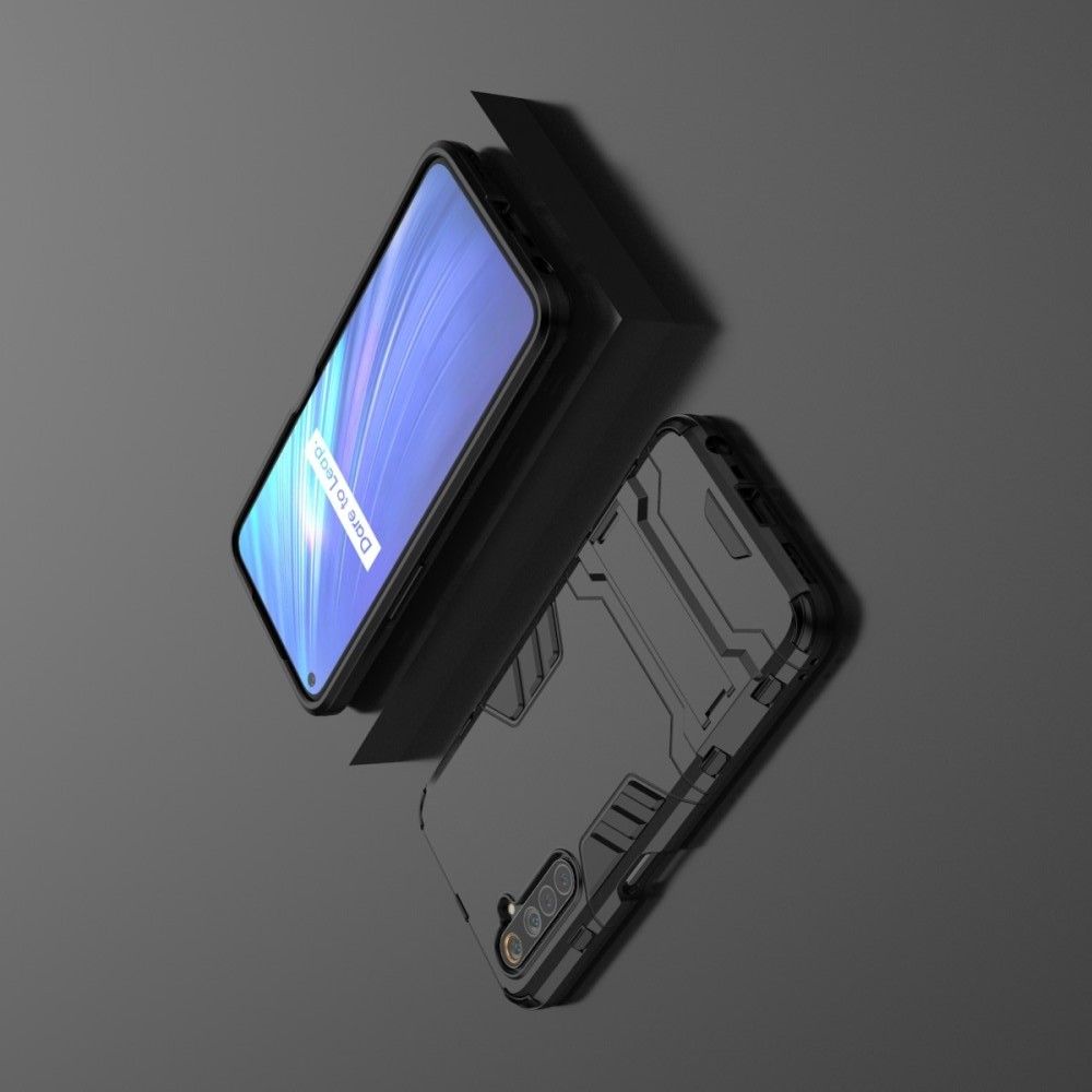 Защитный усиленный гибридный чехол противоударный с подставкой для Realme 6 Черный