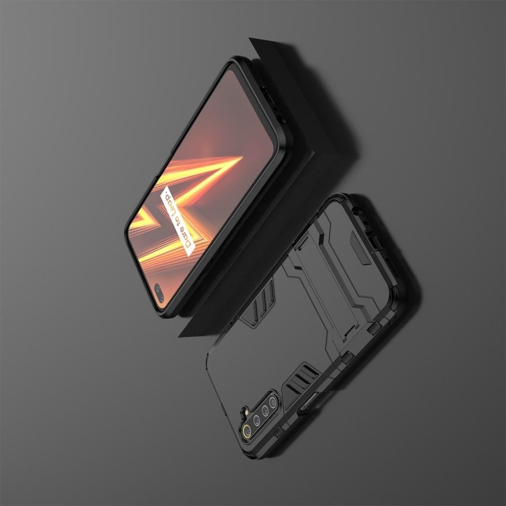 Защитный усиленный гибридный чехол противоударный с подставкой для Realme 6 Pro Черный