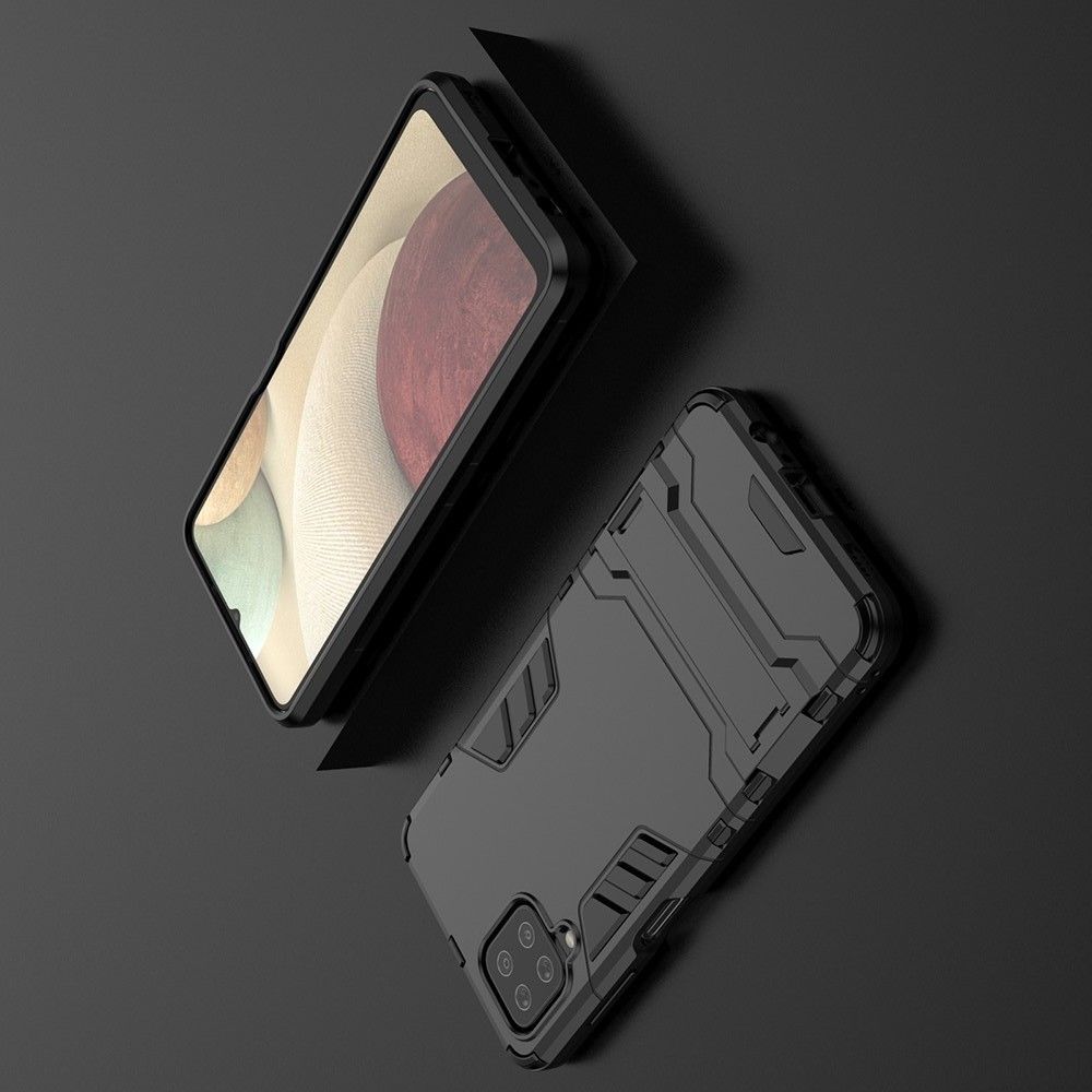 Защитный усиленный гибридный чехол противоударный с подставкой для Samsung Galaxy A12 Черный