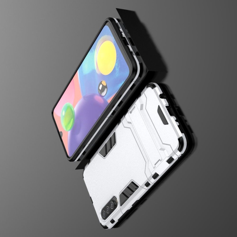 Защитный усиленный гибридный чехол противоударный с подставкой для Samsung Galaxy A70s Серебряный