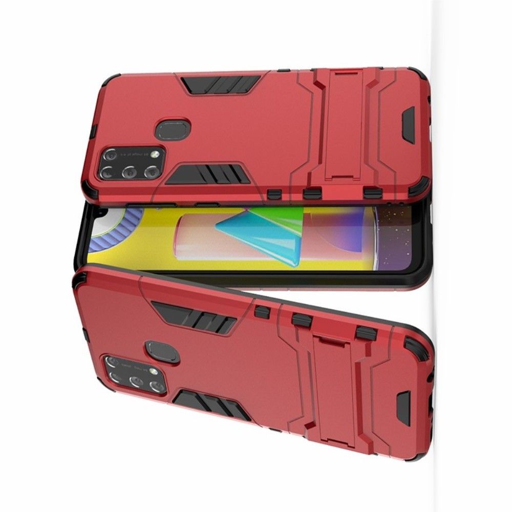 Защитный усиленный гибридный чехол противоударный с подставкой для Samsung Galaxy M31 Красный