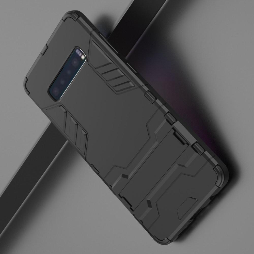 Защитный усиленный гибридный чехол противоударный с подставкой для Samsung Galaxy S10 Plus Черный