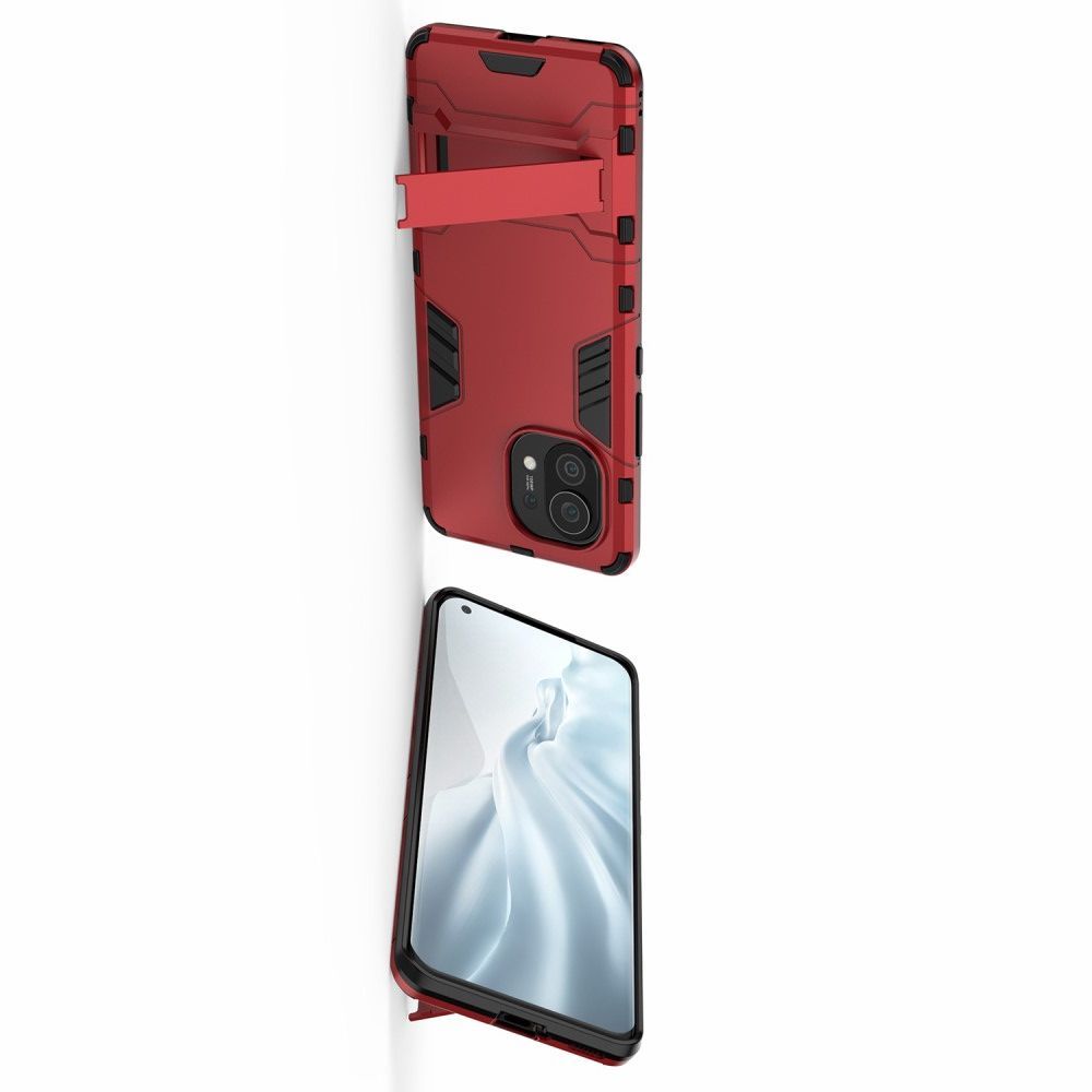 Защитный усиленный гибридный чехол противоударный с подставкой для Xiaomi Mi 11 Красный