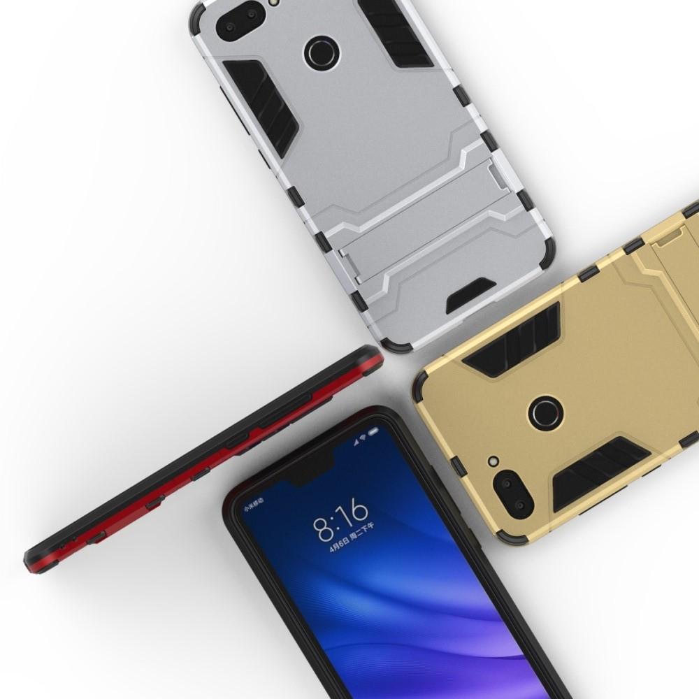 Защитный усиленный гибридный чехол противоударный с подставкой для Xiaomi Mi 8 Lite Серебряный