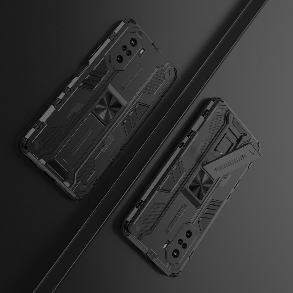 Защитный усиленный гибридный чехол противоударный с подставкой для Xiaomi POCO F3 Черный