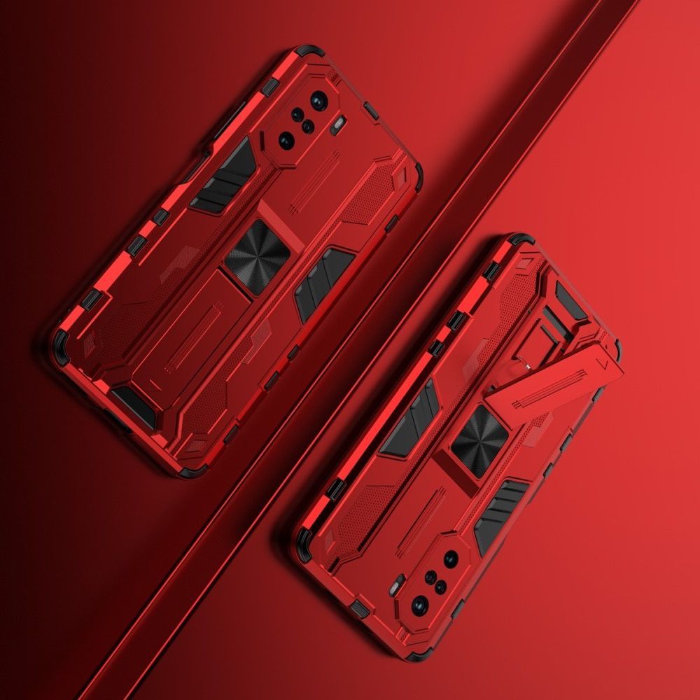 Защитный усиленный гибридный чехол противоударный с подставкой для Xiaomi POCO F3 Красный