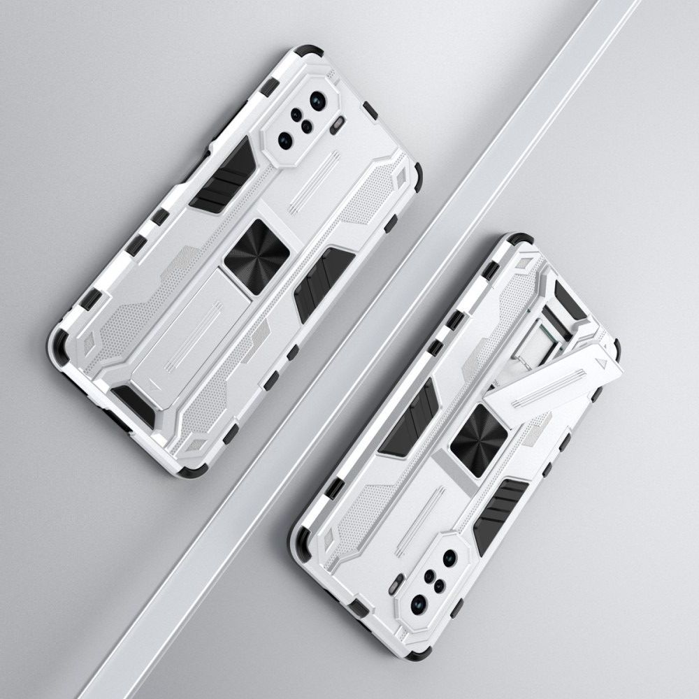 Защитный усиленный гибридный чехол противоударный с подставкой для Xiaomi POCO F3 Серебряный