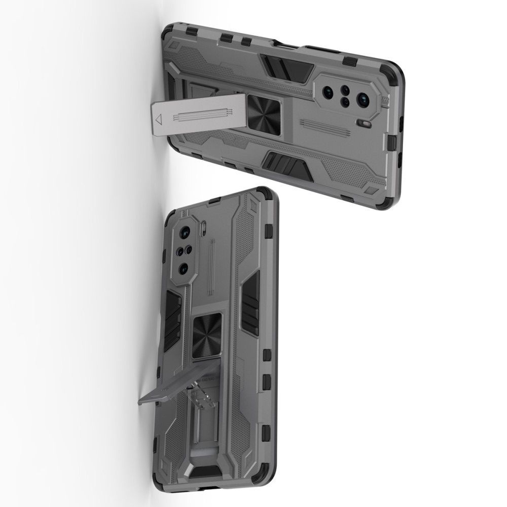 Защитный усиленный гибридный чехол противоударный с подставкой для Xiaomi POCO F3 Серый