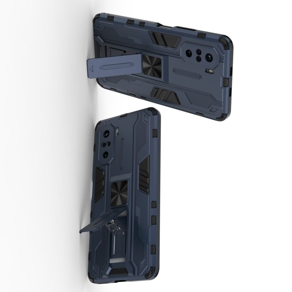 Защитный усиленный гибридный чехол противоударный с подставкой для Xiaomi POCO F3 Синий