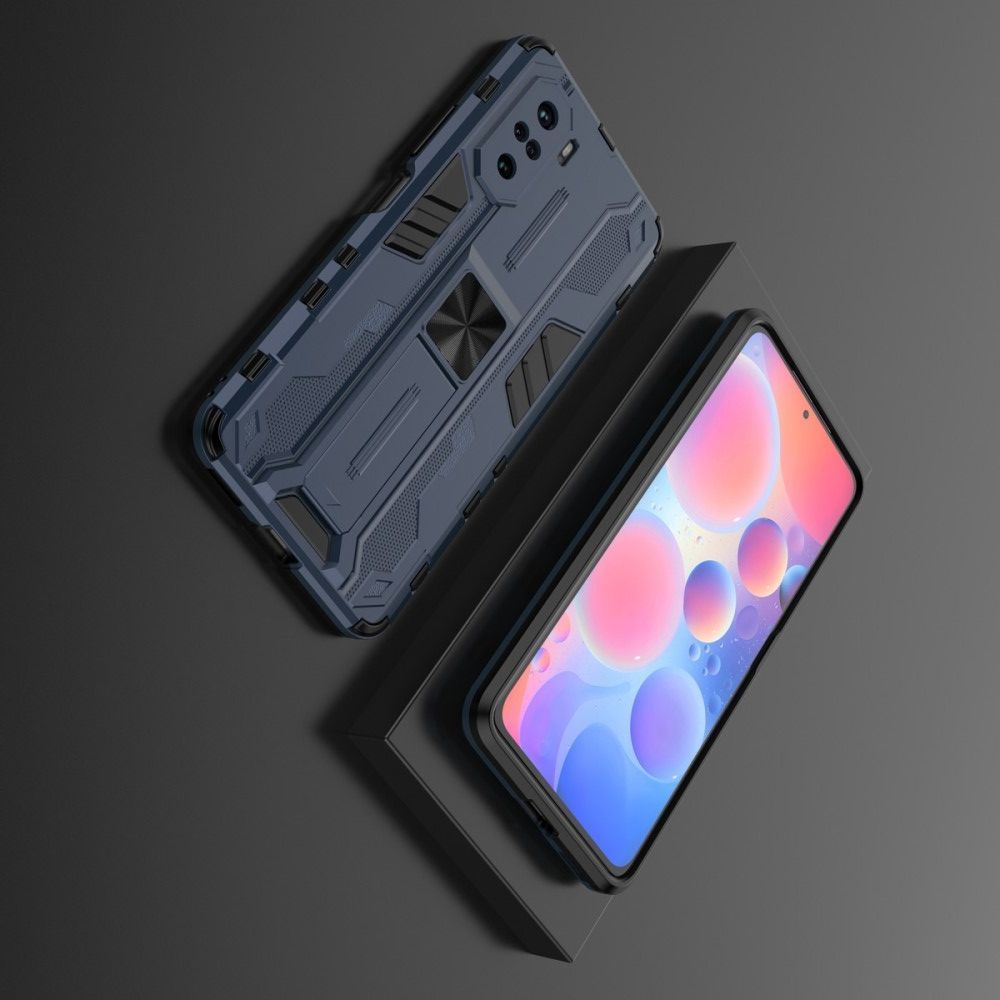 Защитный усиленный гибридный чехол противоударный с подставкой для Xiaomi POCO F3 Синий
