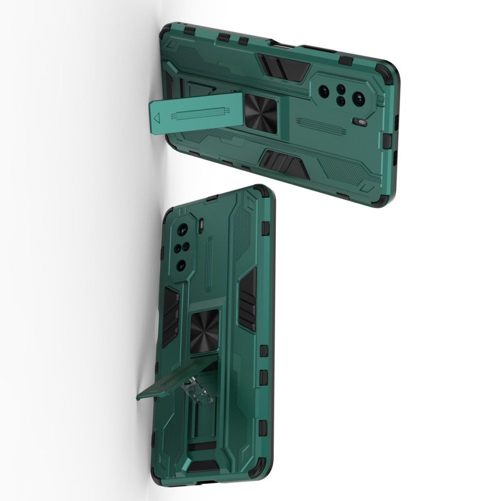Защитный усиленный гибридный чехол противоударный с подставкой для Xiaomi POCO F3 Зеленый