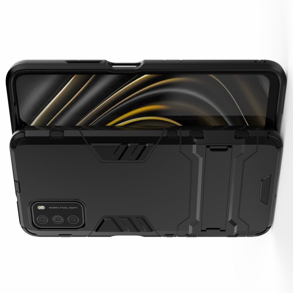 Защитный усиленный гибридный чехол противоударный с подставкой для Xiaomi Poco M3 Черный