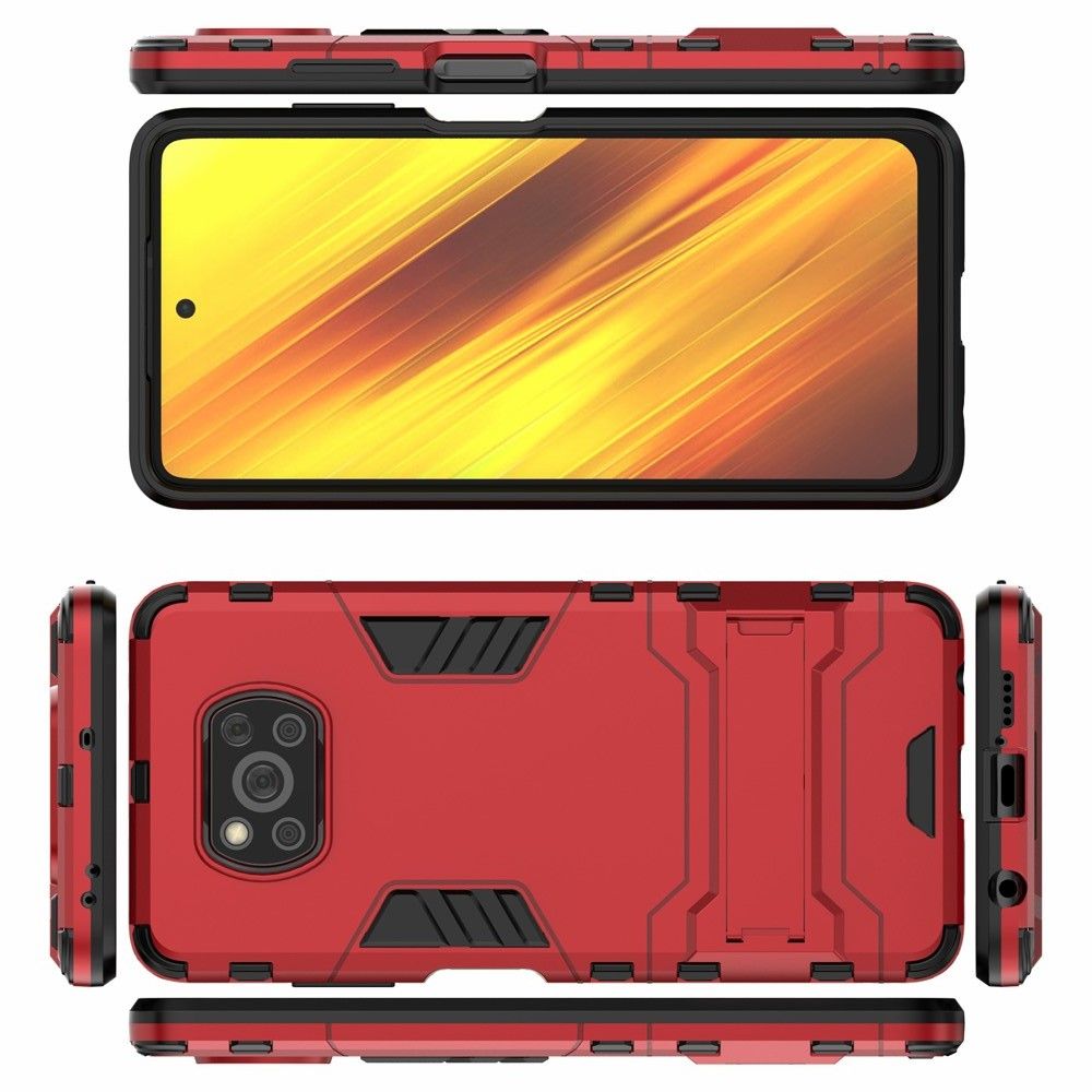 Защитный усиленный гибридный чехол противоударный с подставкой для Xiaomi Poco X3 NFC Красный