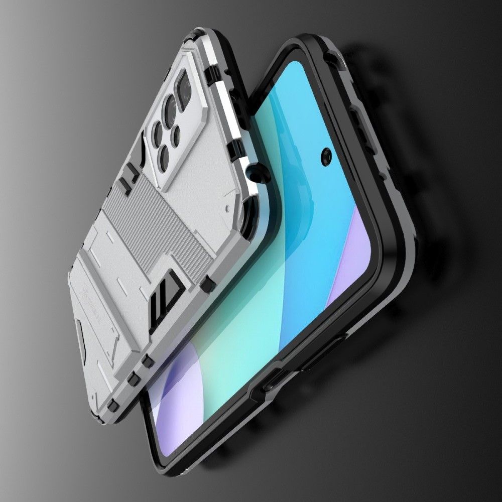 Защитный усиленный гибридный чехол противоударный с подставкой для Xiaomi Redmi 10 Серебряный