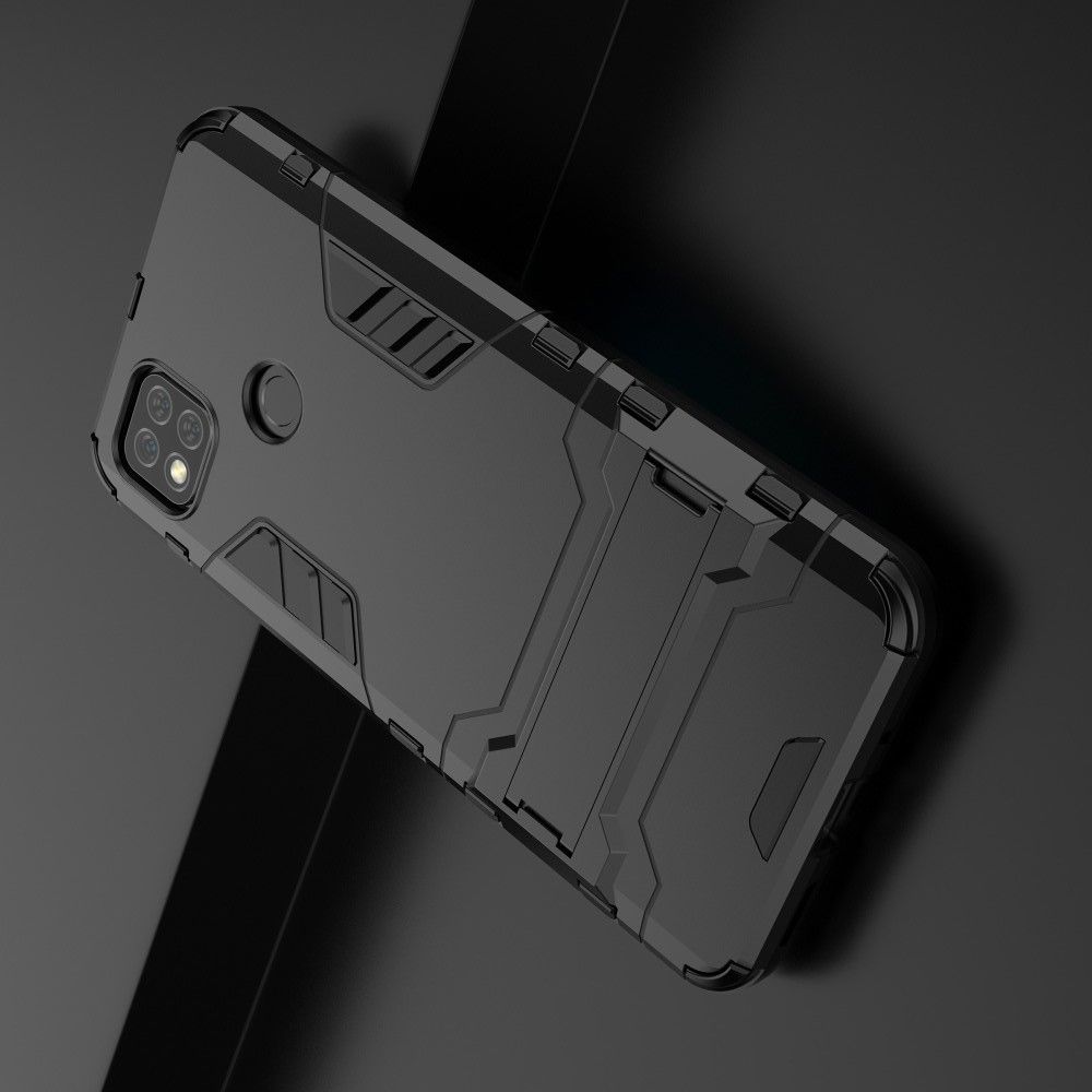 Защитный усиленный гибридный чехол противоударный с подставкой для Xiaomi Redmi 9C Черный
