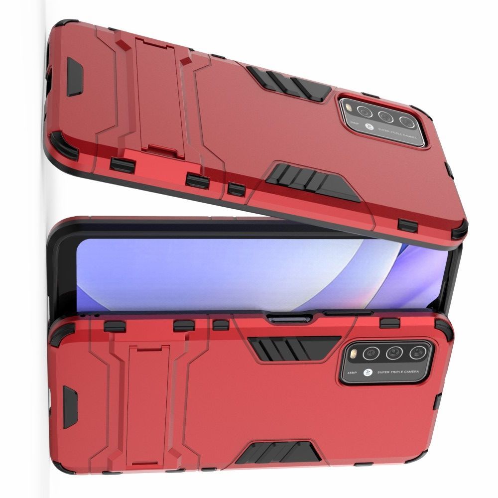 Защитный усиленный гибридный чехол противоударный с подставкой для Xiaomi Redmi 9T Красный