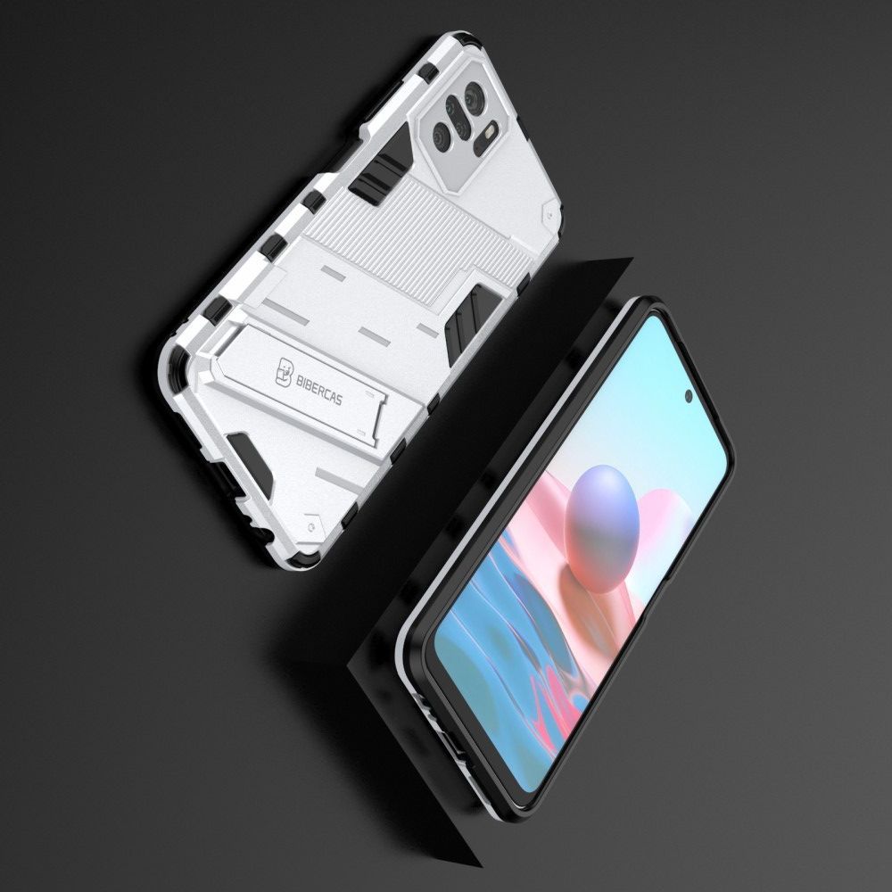 Защитный усиленный гибридный чехол противоударный с подставкой для Xiaomi Redmi Note 10 Белый