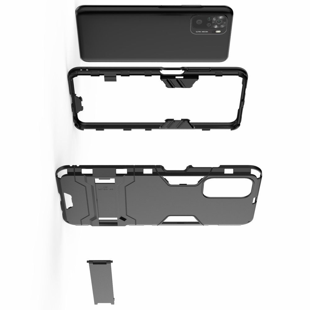 Защитный усиленный гибридный чехол противоударный с подставкой для Xiaomi Redmi Note 10 Черный