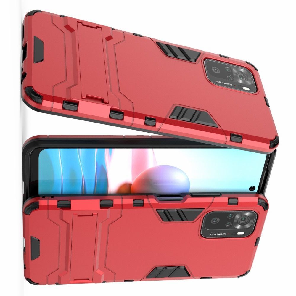 Защитный усиленный гибридный чехол противоударный с подставкой для Xiaomi Redmi Note 10 Красный