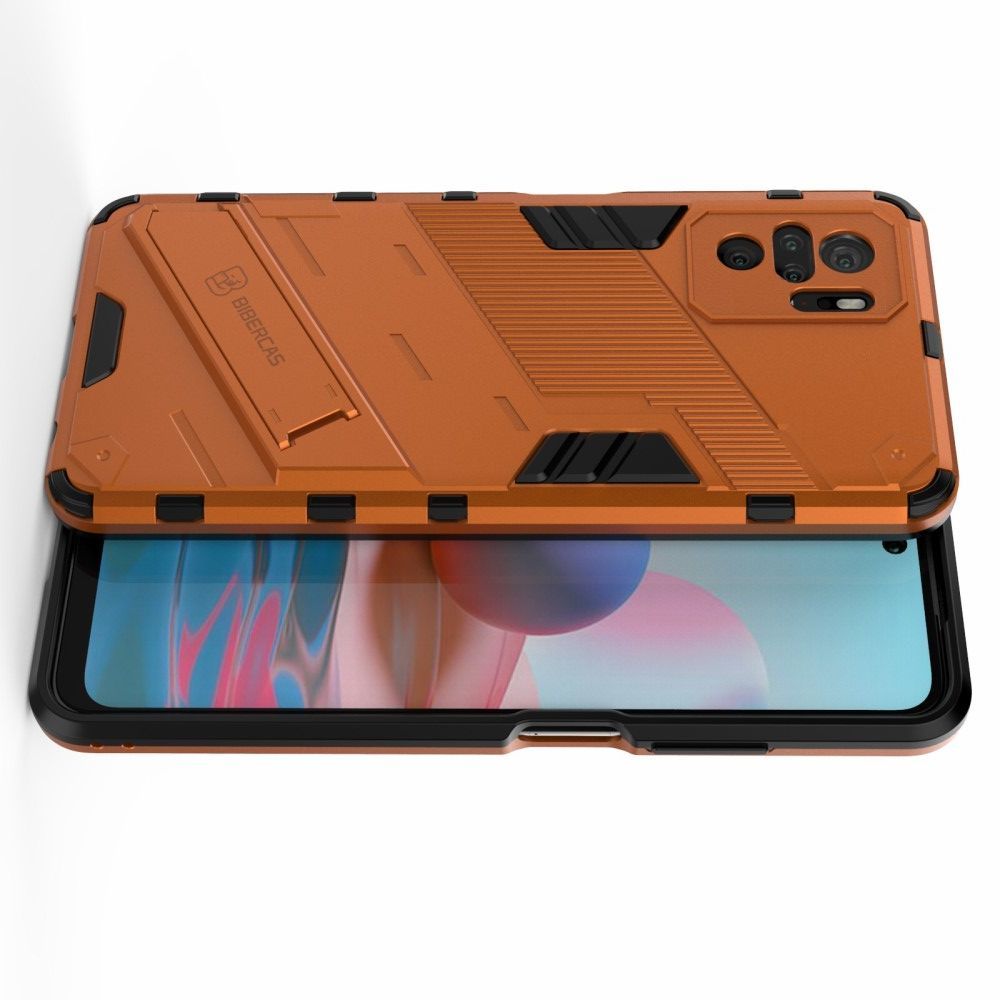 Защитный усиленный гибридный чехол противоударный с подставкой для Xiaomi Redmi Note 10 Оранжевый