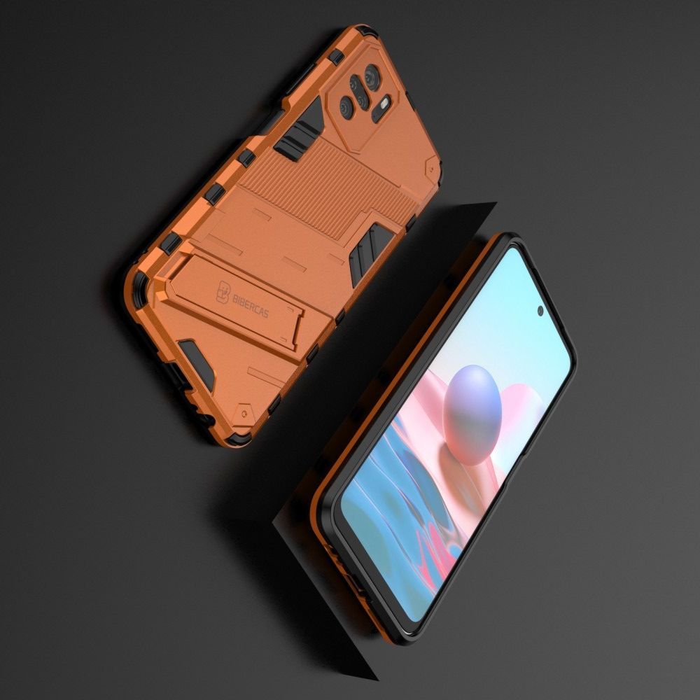 Защитный усиленный гибридный чехол противоударный с подставкой для Xiaomi Redmi Note 10 Оранжевый