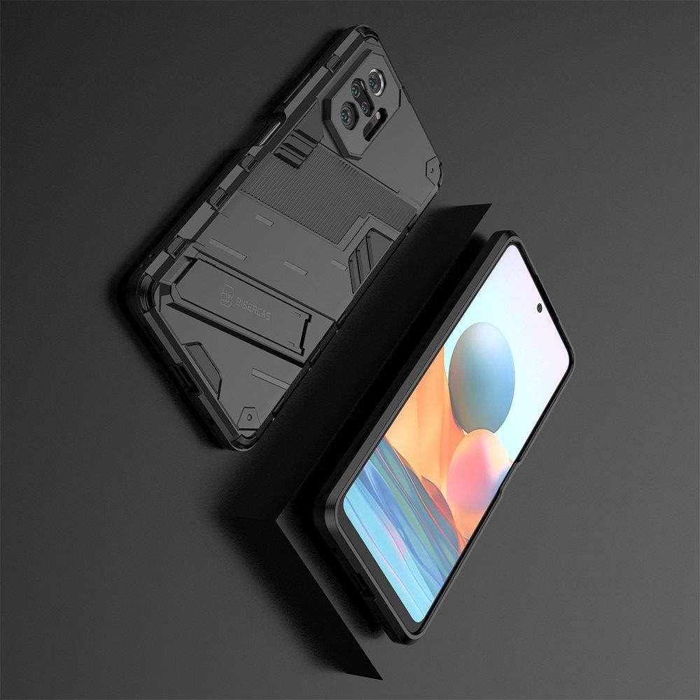 Защитный усиленный гибридный чехол противоударный с подставкой для Xiaomi Redmi Note 10 Pro Черный