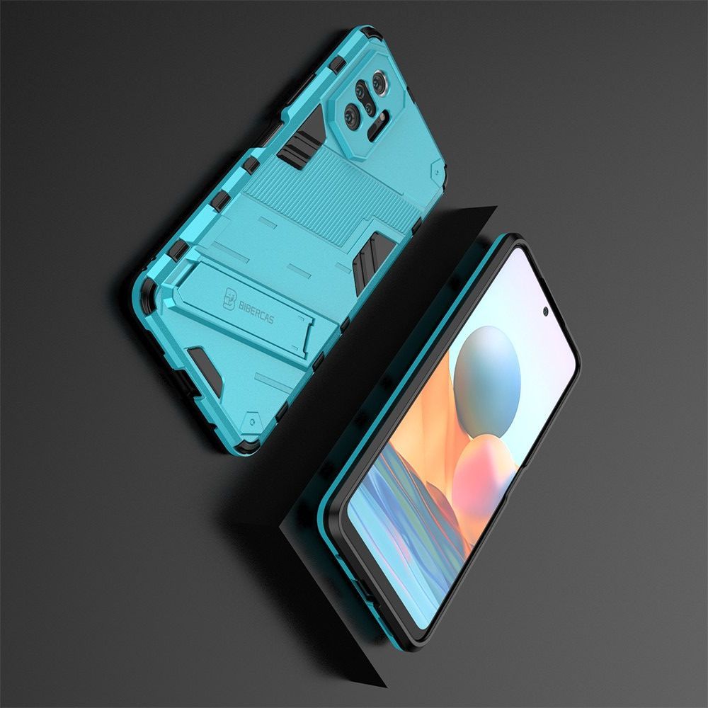 Защитный усиленный гибридный чехол противоударный с подставкой для Xiaomi Redmi Note 10 Pro Голубой