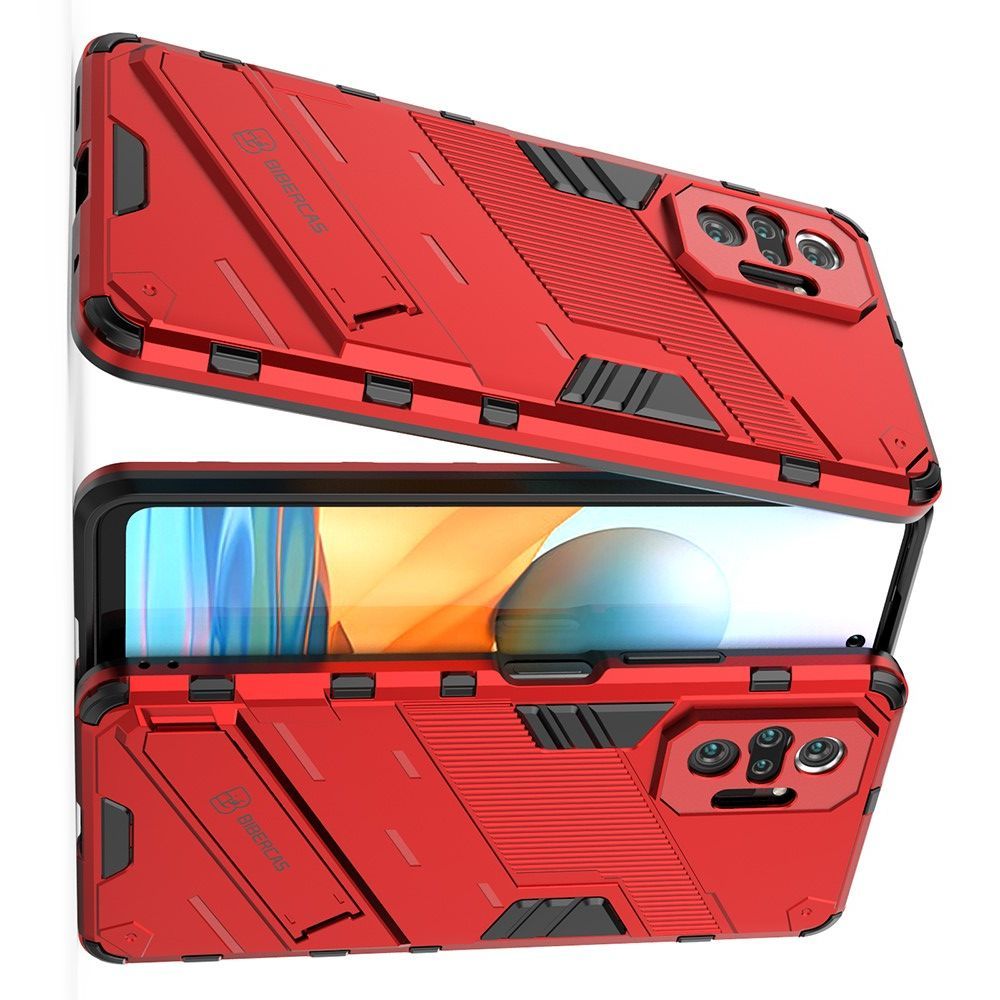 Защитный усиленный гибридный чехол противоударный с подставкой для Xiaomi Redmi Note 10 Pro Красный