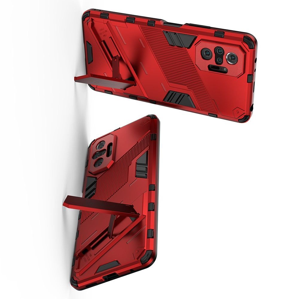 Защитный усиленный гибридный чехол противоударный с подставкой для Xiaomi Redmi Note 10 Pro Красный