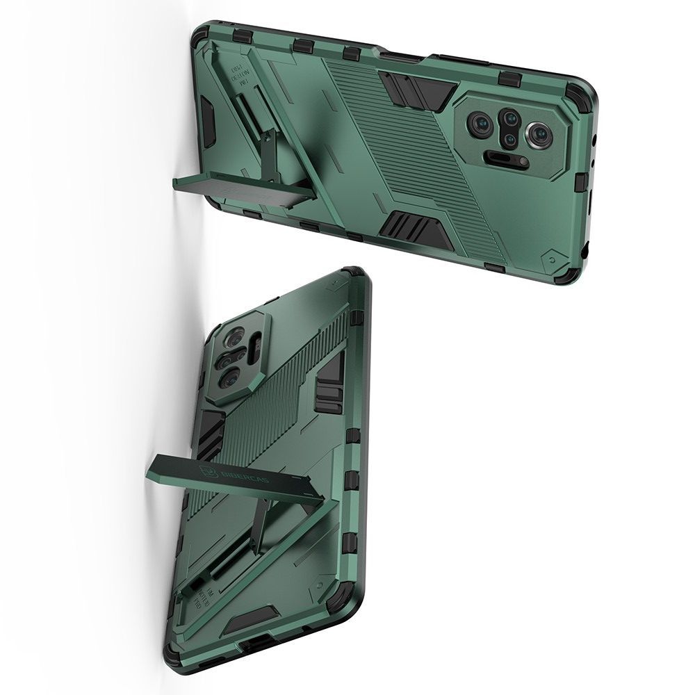 Защитный усиленный гибридный чехол противоударный с подставкой для Xiaomi Redmi Note 10 Pro Зеленый