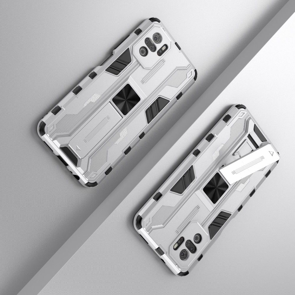 Защитный усиленный гибридный чехол противоударный с подставкой для Xiaomi Redmi Note 10 Серебряный