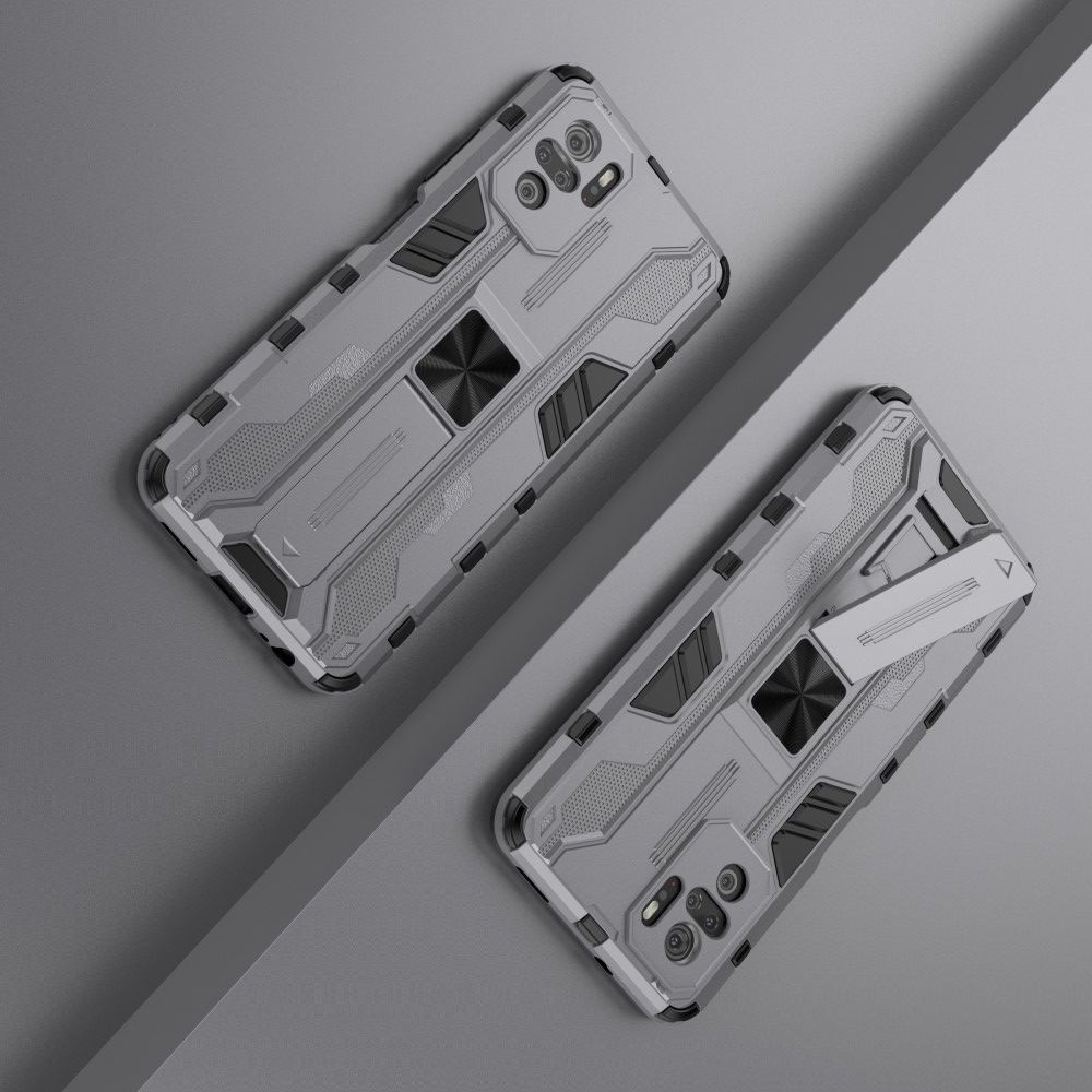 Защитный усиленный гибридный чехол противоударный с подставкой для Xiaomi Redmi Note 10 Серый