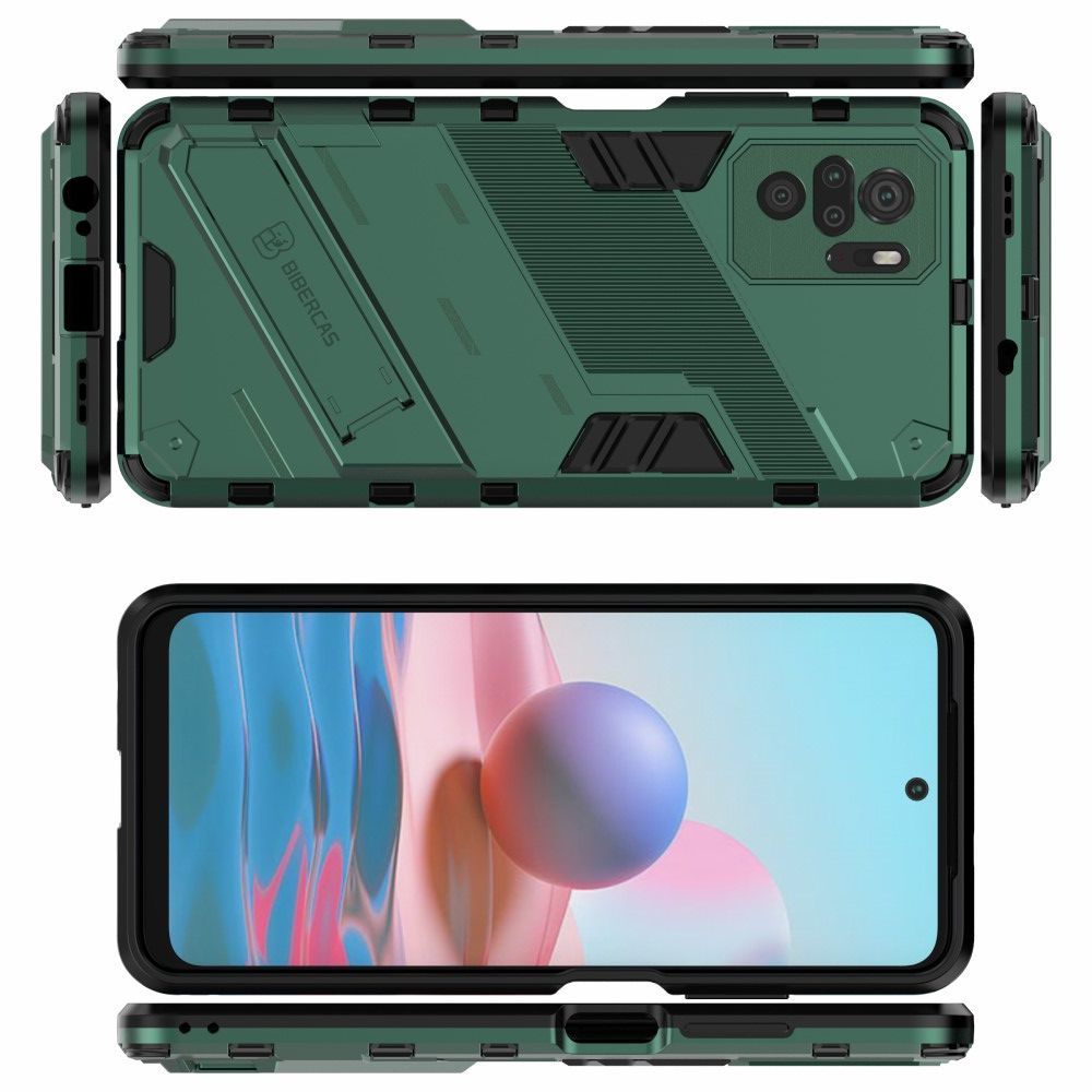 Защитный усиленный гибридный чехол противоударный с подставкой для Xiaomi Redmi Note 10 Зеленый