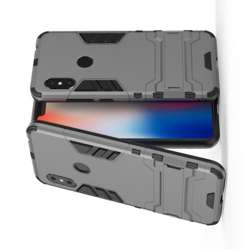 Защитный усиленный гибридный чехол противоударный с подставкой для Xiaomi Redmi Note 6 / Note 6 Pro Серый