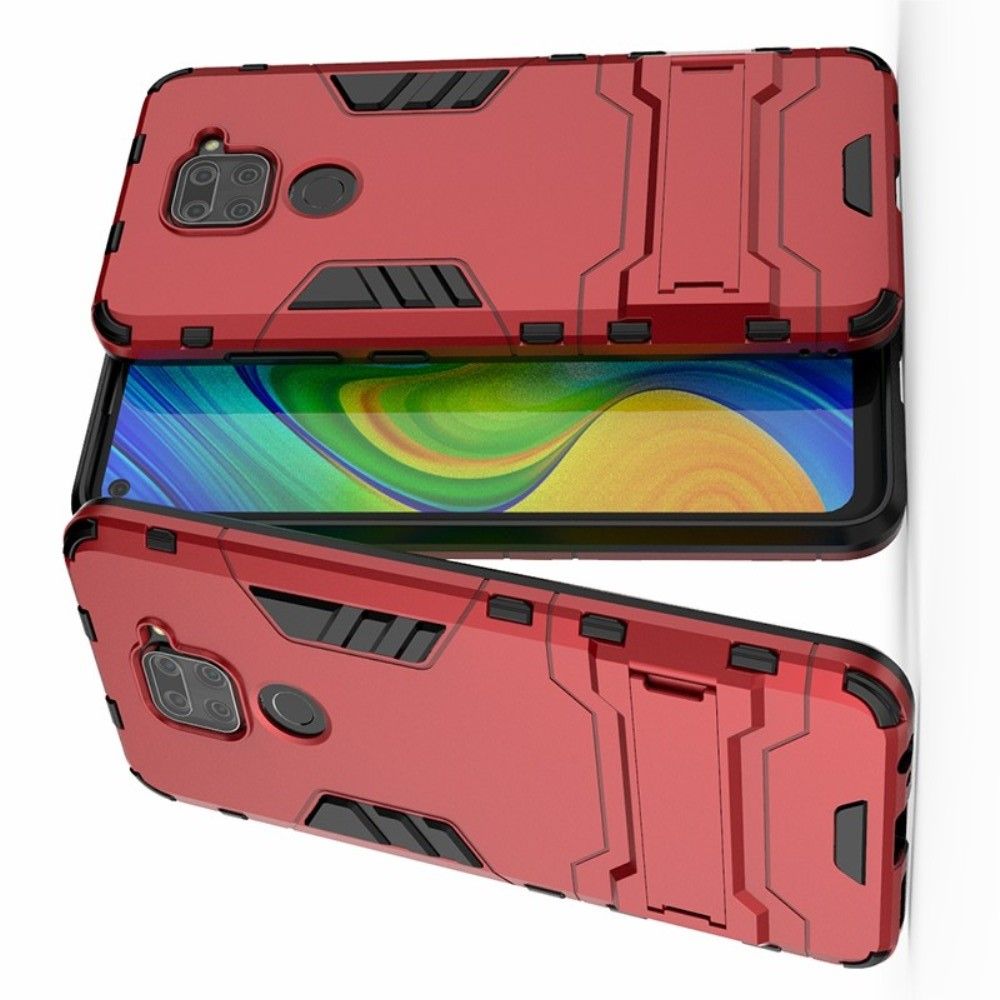 Защитный усиленный гибридный чехол противоударный с подставкой для Xiaomi Redmi Note 9 Pro / 9S / Note 9 Красный