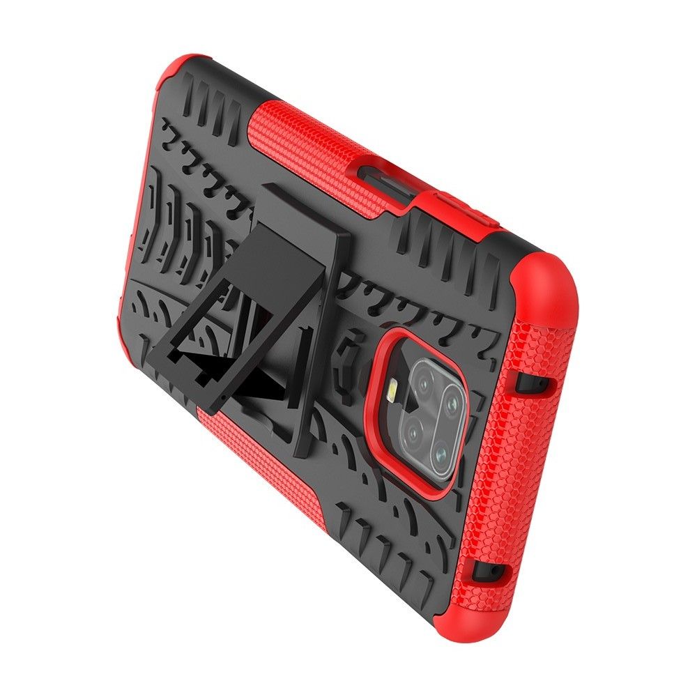 Защитный усиленный гибридный чехол противоударный с подставкой для Xiaomi Redmi Note 9 Pro Красный
