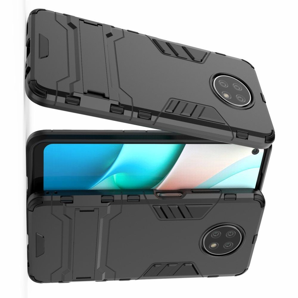 Защитный усиленный гибридный чехол противоударный с подставкой для Xiaomi Redmi Note 9T Черный