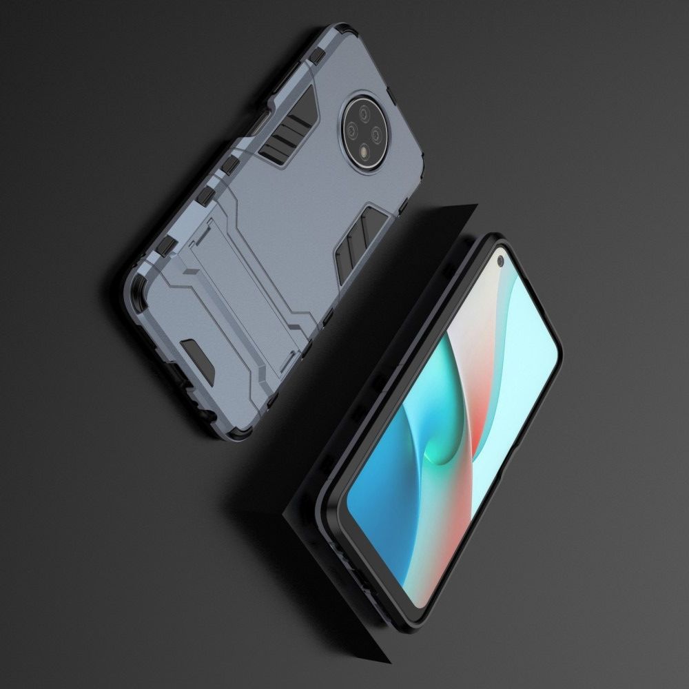 Защитный усиленный гибридный чехол противоударный с подставкой для Xiaomi Redmi Note 9T Синий