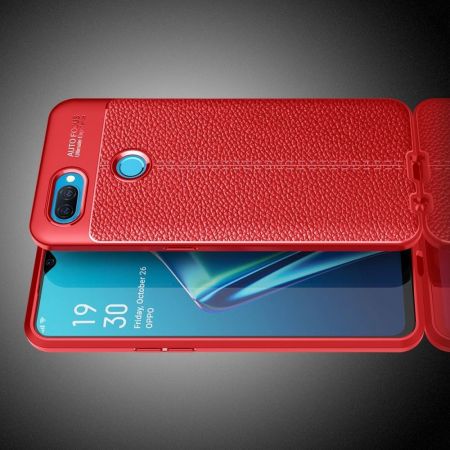 Litchi Grain Leather Силиконовый Накладка Чехол для Oppo A12 с Текстурой Кожа Красный